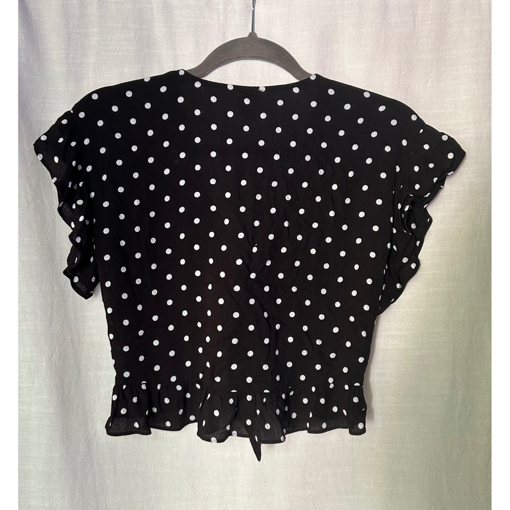 Loft Beach Womens XS Black Polka Dot Tie Front Ruffle Crop Top Blouse 27061640 - Picture 6 of 8